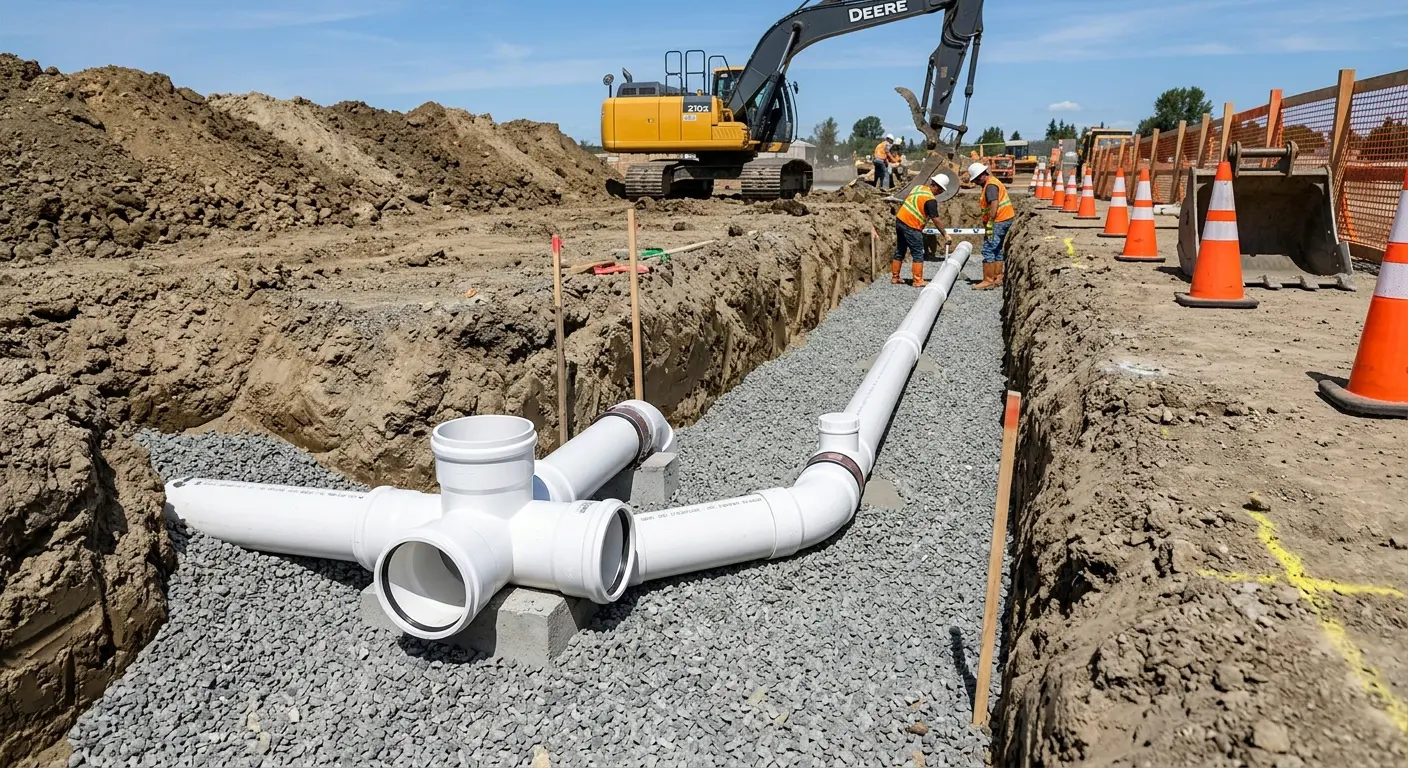 New PVC sewer pipe installation in open trench for Sewer Backup in Moraga