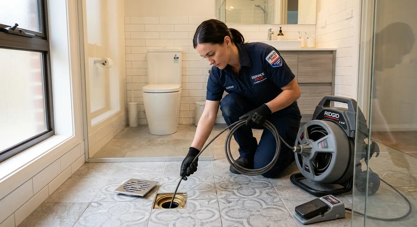 Technician clearing a bathroom floor drain for Sewer Line Replacement in Moraga